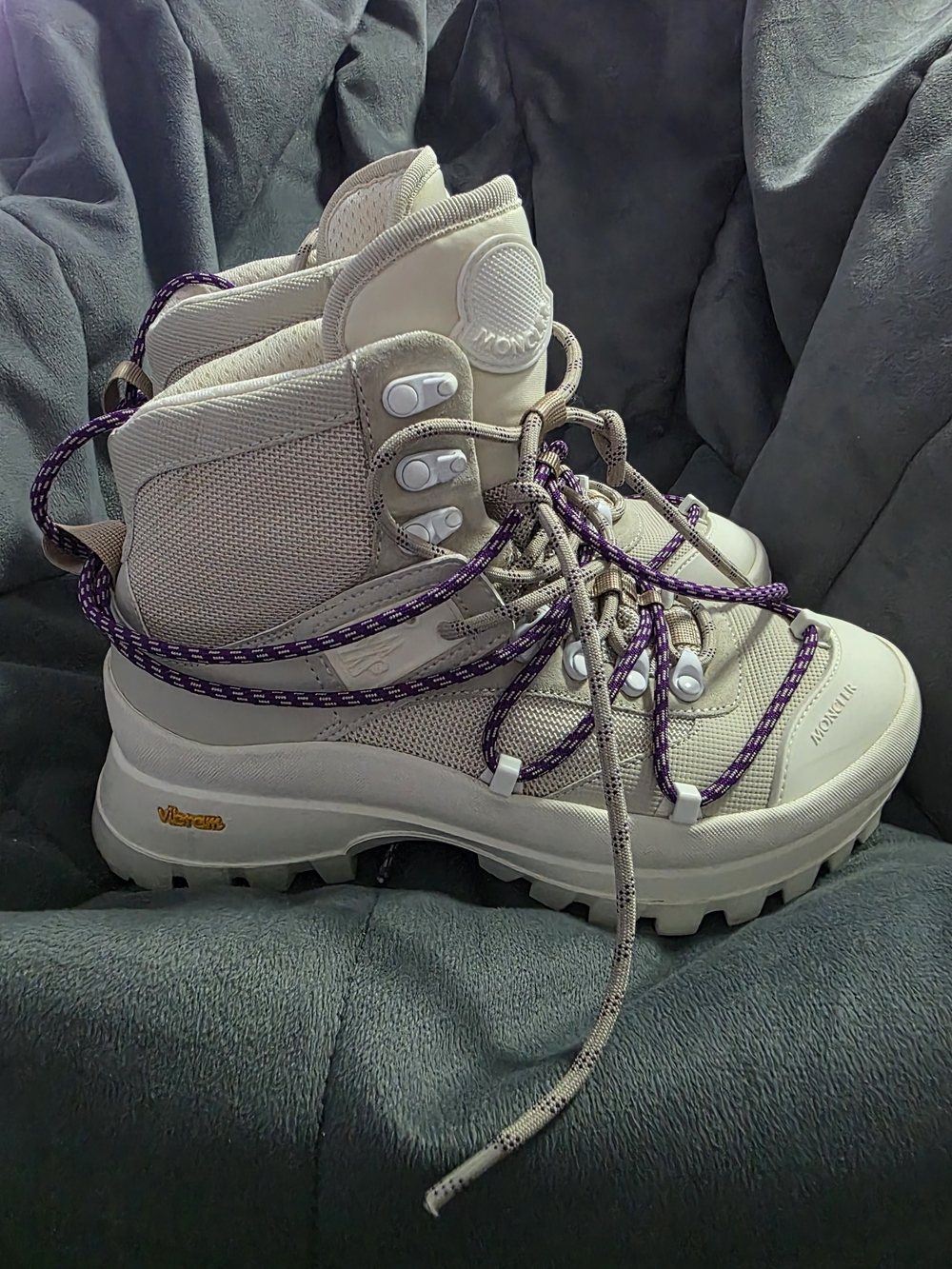 Moncler Beige Lace-Up Hiking Boots with Purple Accent Laces